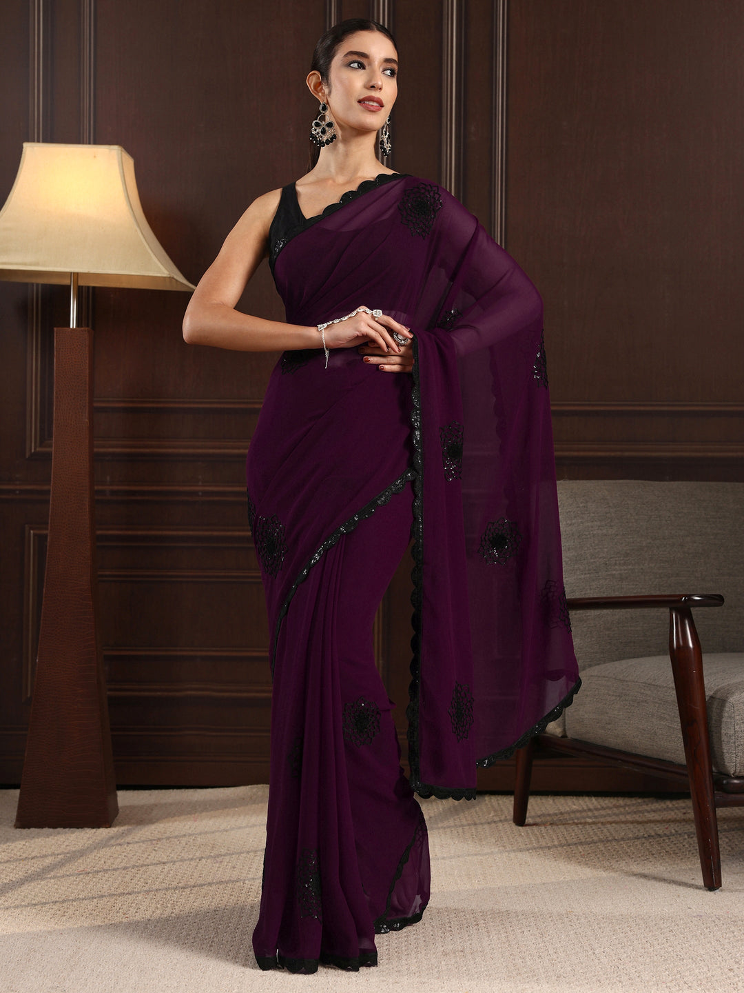  Libas Plum Purple Floral Sequin Embellished Georgette Saree 