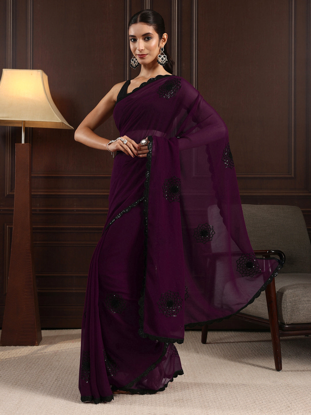  Libas Plum Purple Floral Sequin Embellished Georgette Saree 