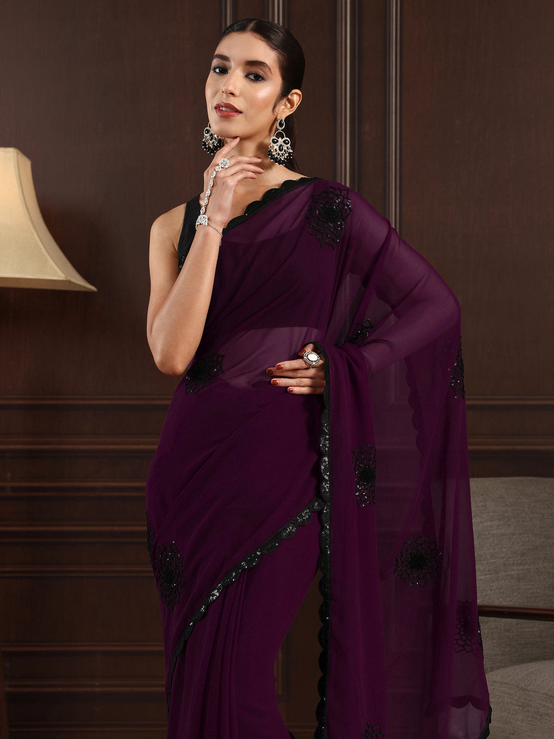  Libas Plum Purple Floral Sequin Embellished Georgette Saree 