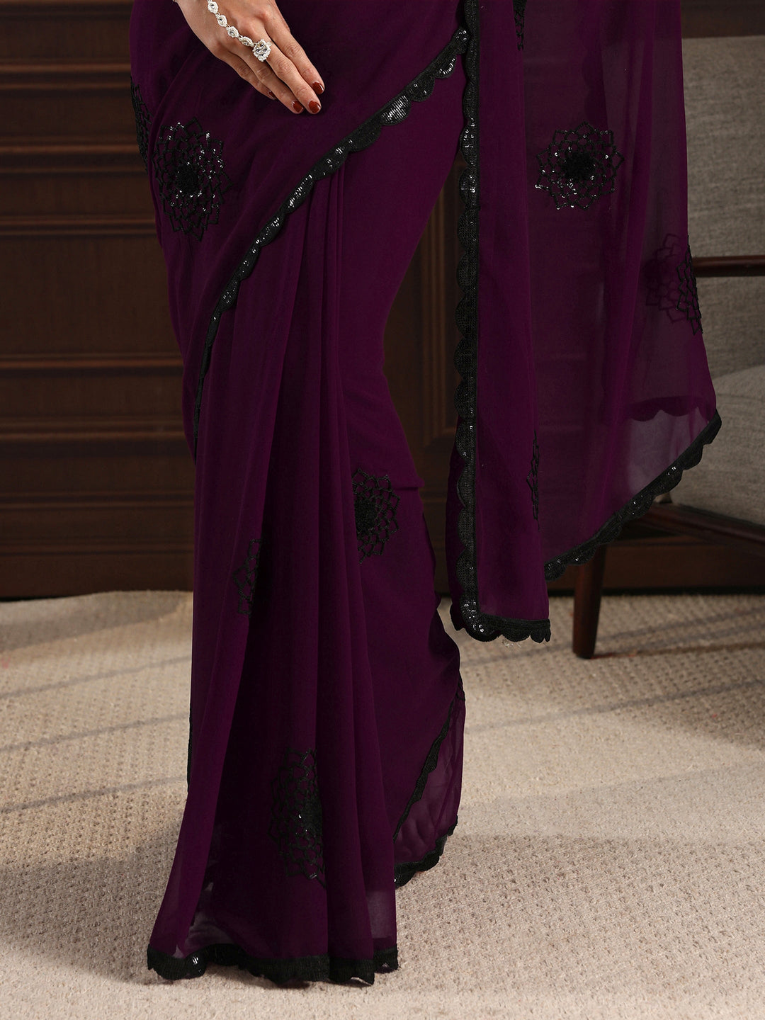  Libas Plum Purple Floral Sequin Embellished Georgette Saree 