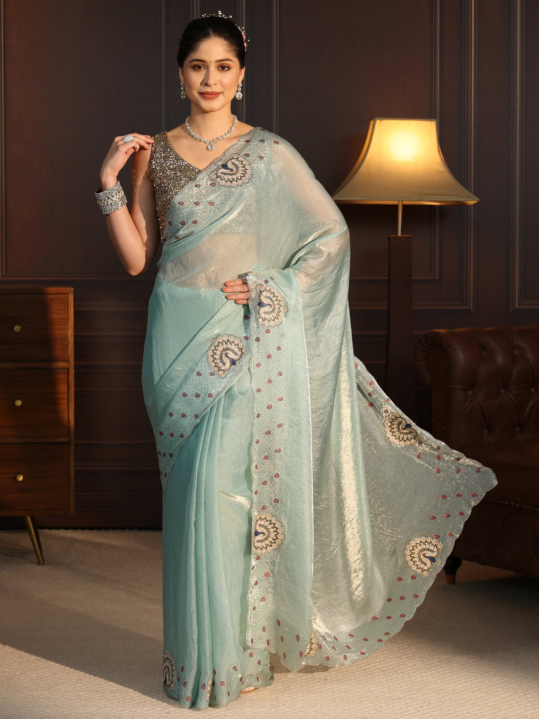  Libas Aqua Blue Tissue Saree with Peacock Border 