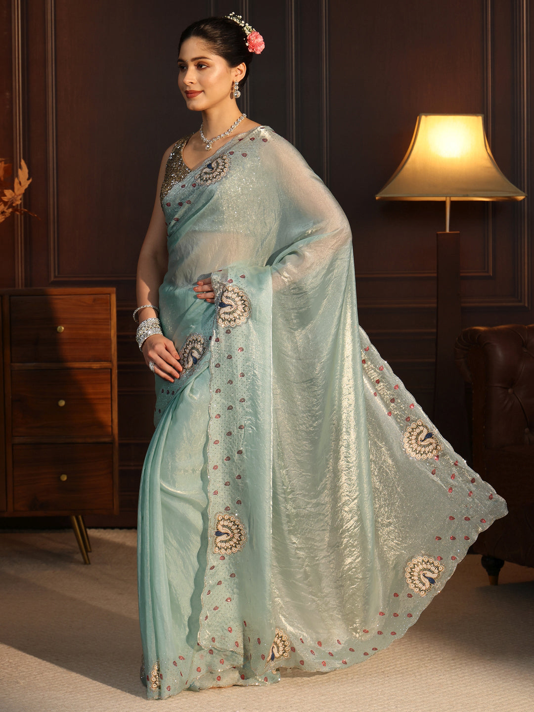  Libas Aqua Blue Tissue Saree with Peacock Border 