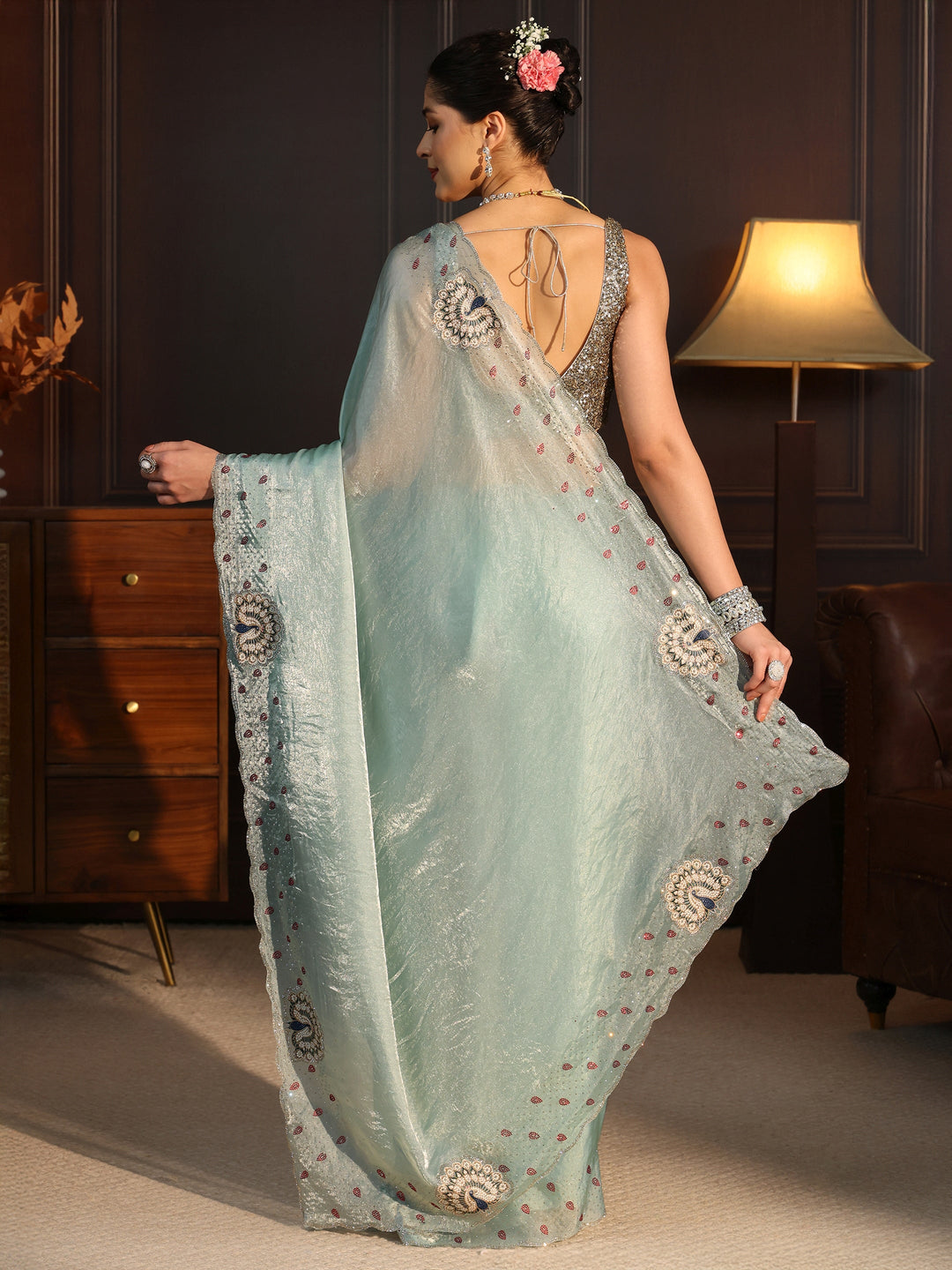  Libas Aqua Blue Tissue Saree with Peacock Border 