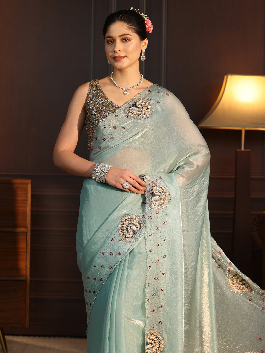  Libas Aqua Blue Tissue Saree with Peacock Border 