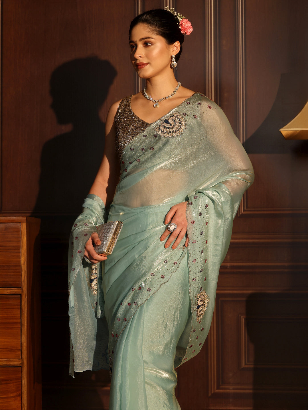  Libas Aqua Blue Tissue Saree with Peacock Border 