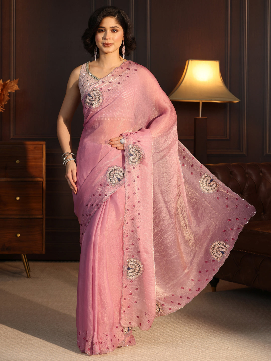  Libas Pink Tissue Saree with Peacock Border 