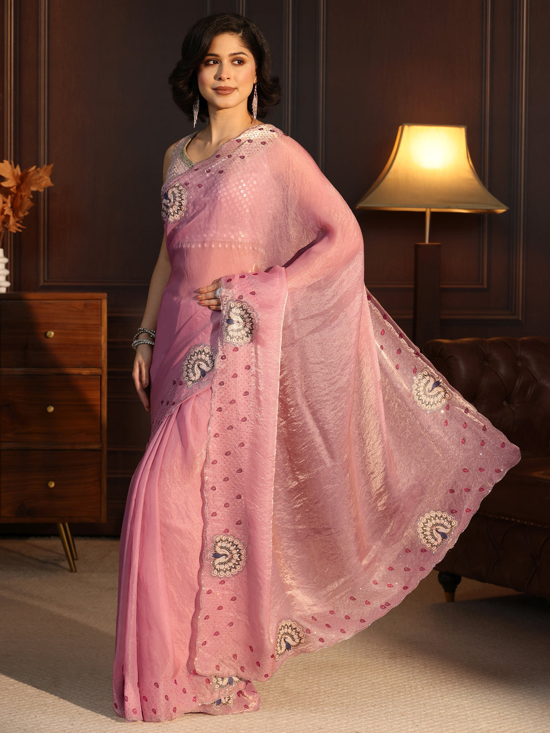  Libas Pink Tissue Saree with Peacock Border 