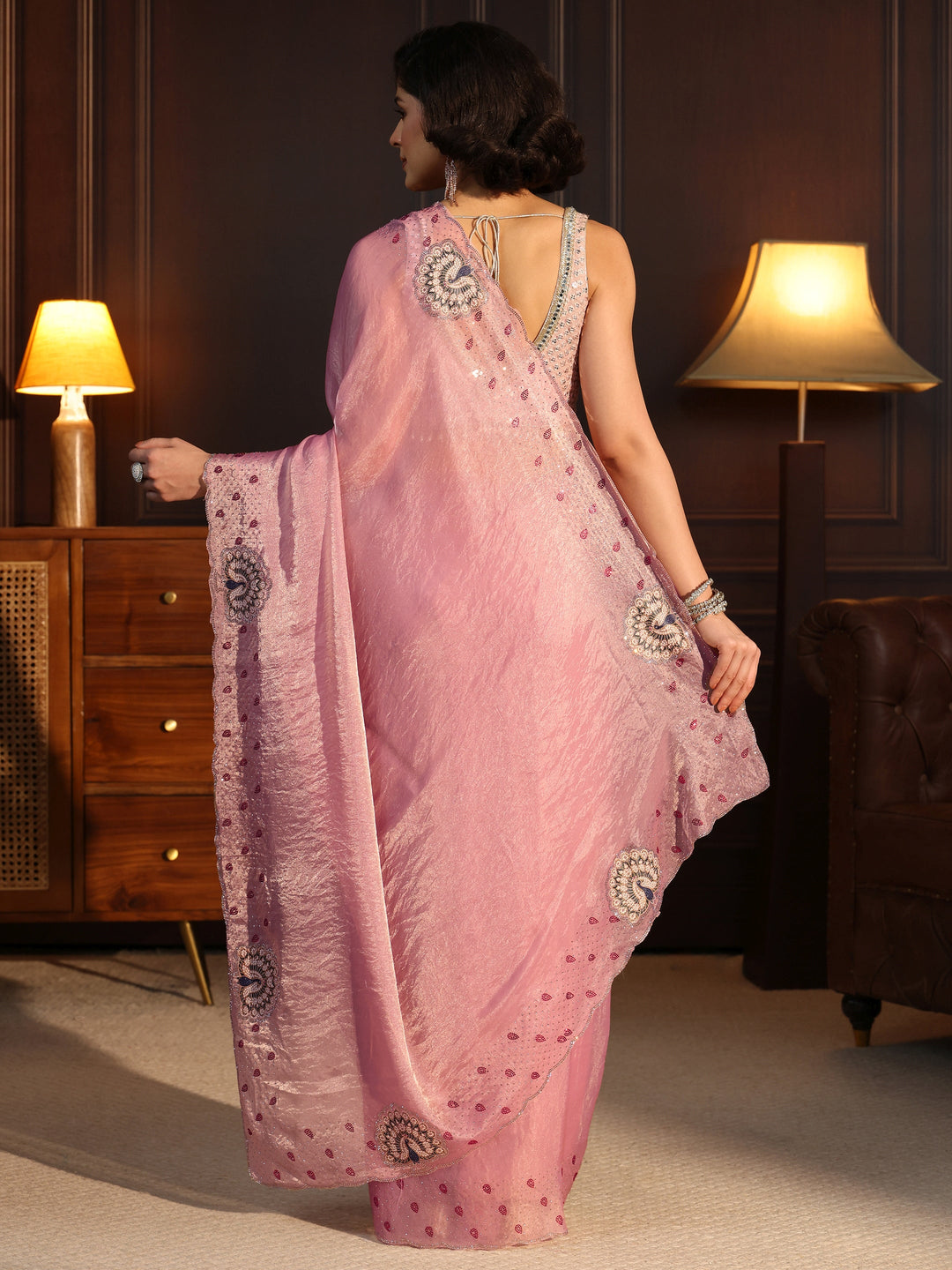  Libas Pink Tissue Saree with Peacock Border 