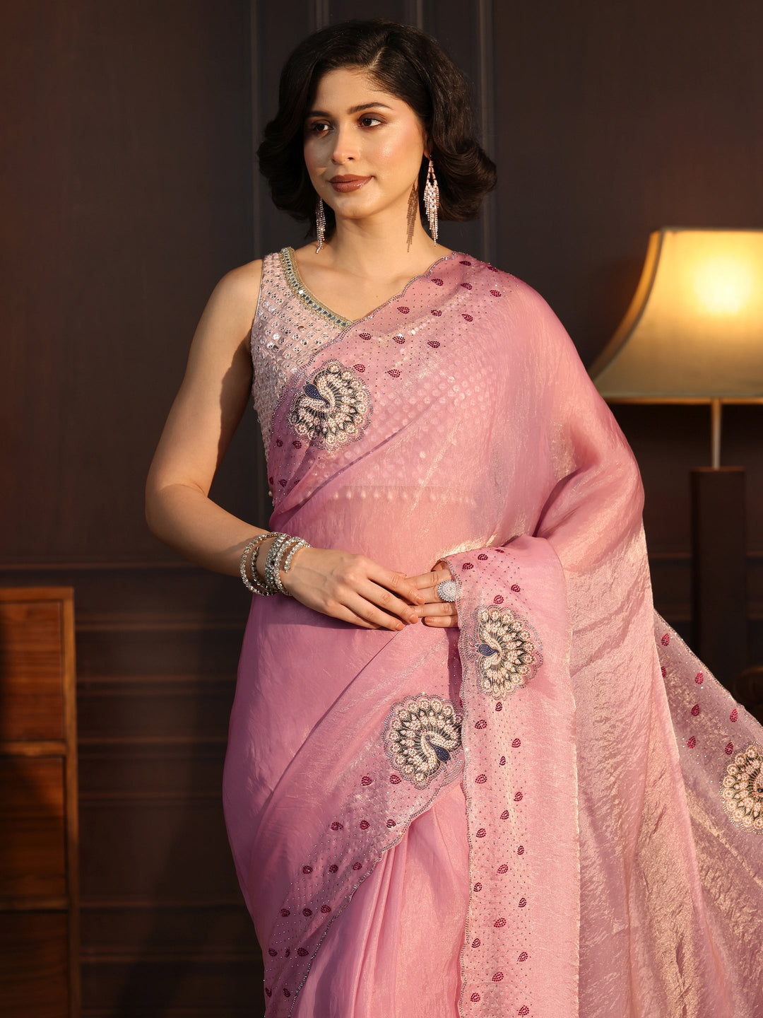  Libas Pink Tissue Saree with Peacock Border 