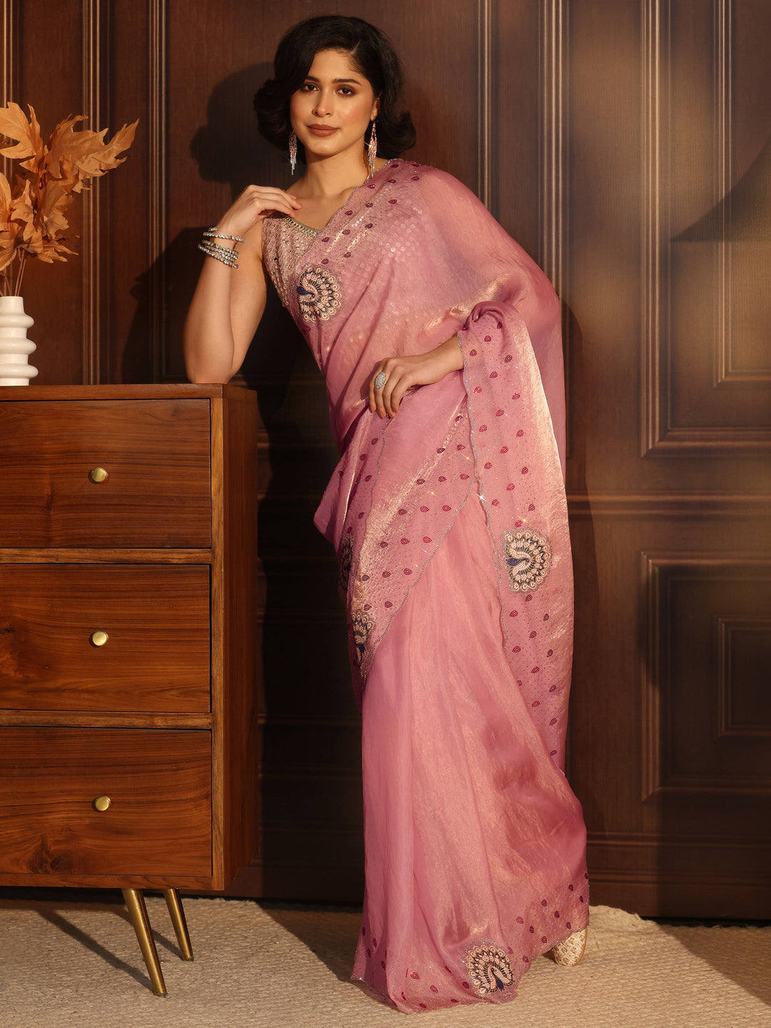  Libas Pink Tissue Saree with Peacock Border 