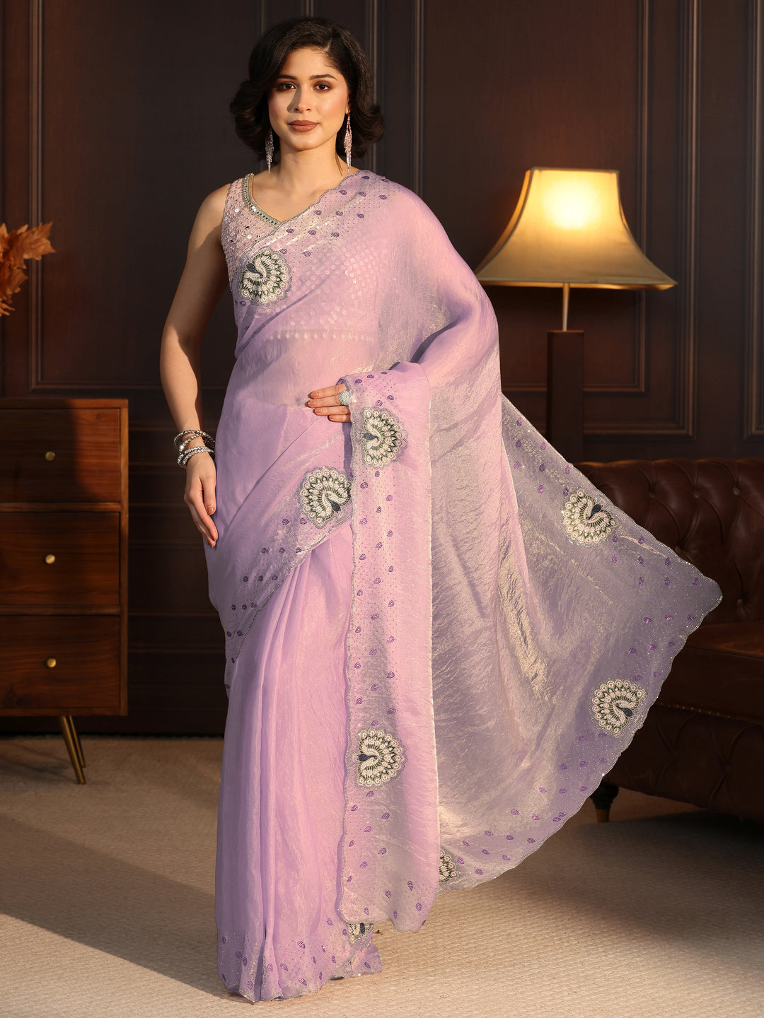  Libas Lavender Tissue Saree with Peacock Border 