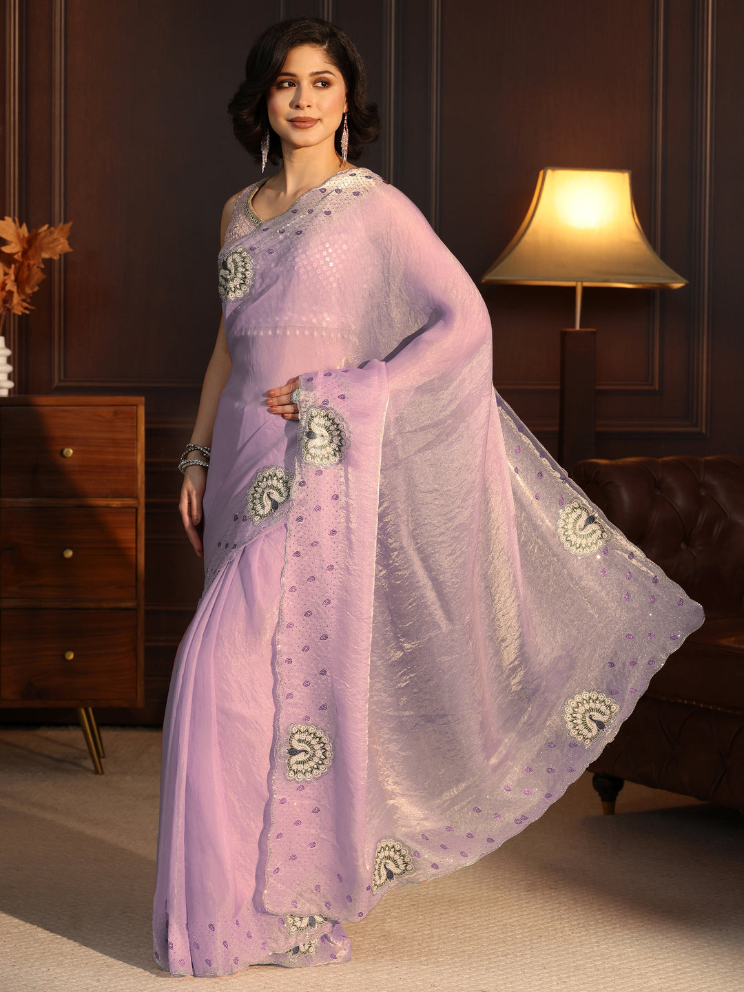  Libas Lavender Tissue Saree with Peacock Border 