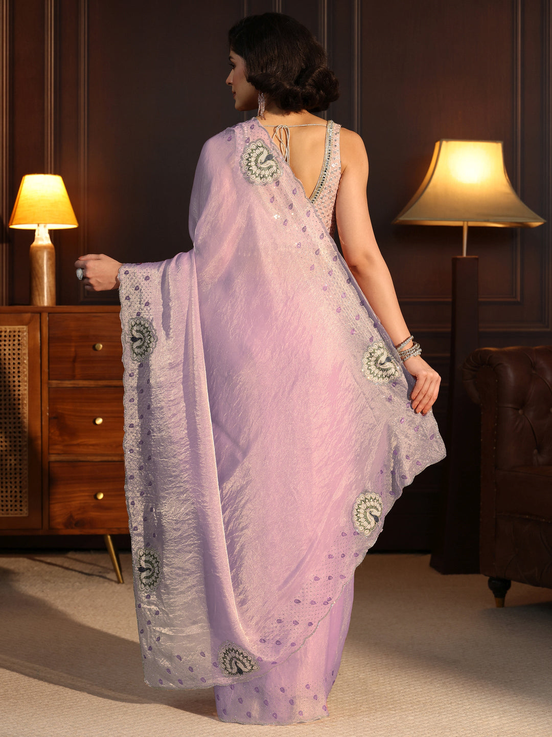  Libas Lavender Tissue Saree with Peacock Border 