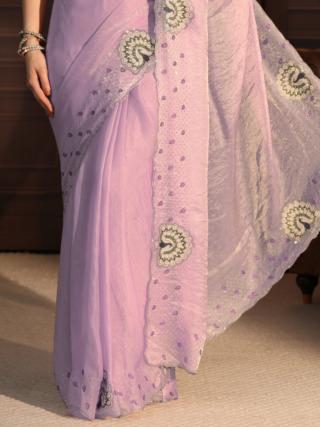  Libas Lavender Tissue Saree with Peacock Border 