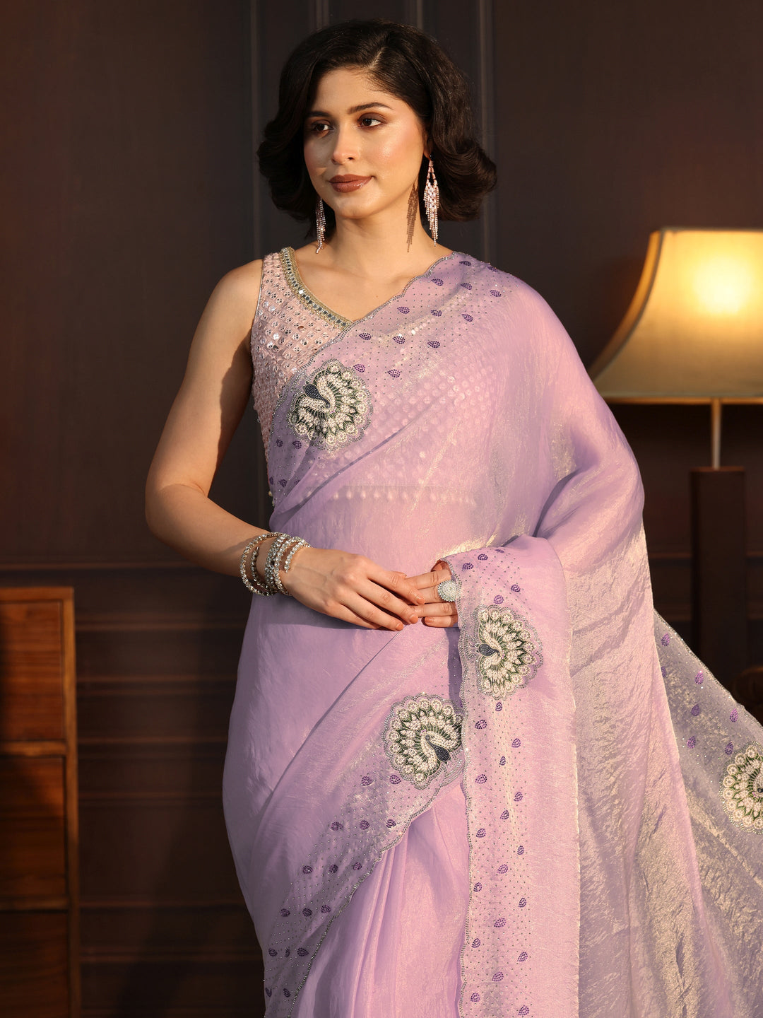  Libas Lavender Tissue Saree with Peacock Border 