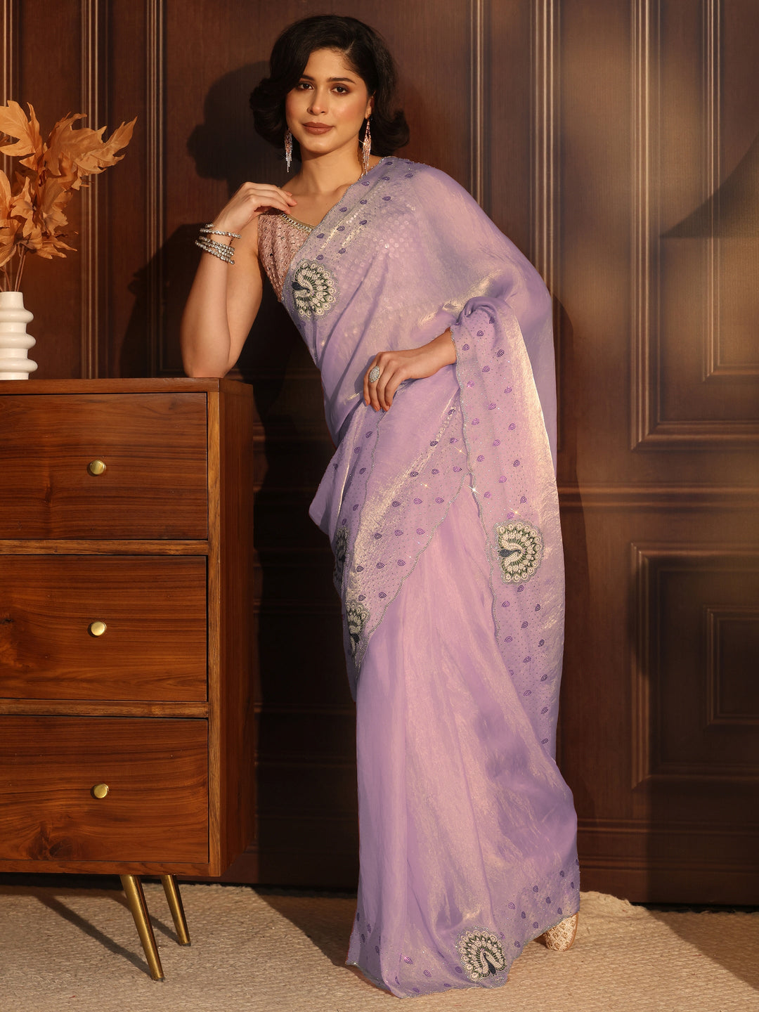  Libas Lavender Tissue Saree with Peacock Border 