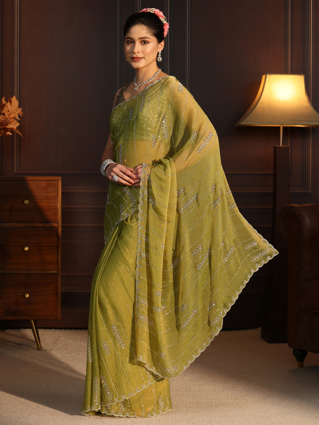  Libas Green Leafy Stone Work Embellished Tissue Saree 