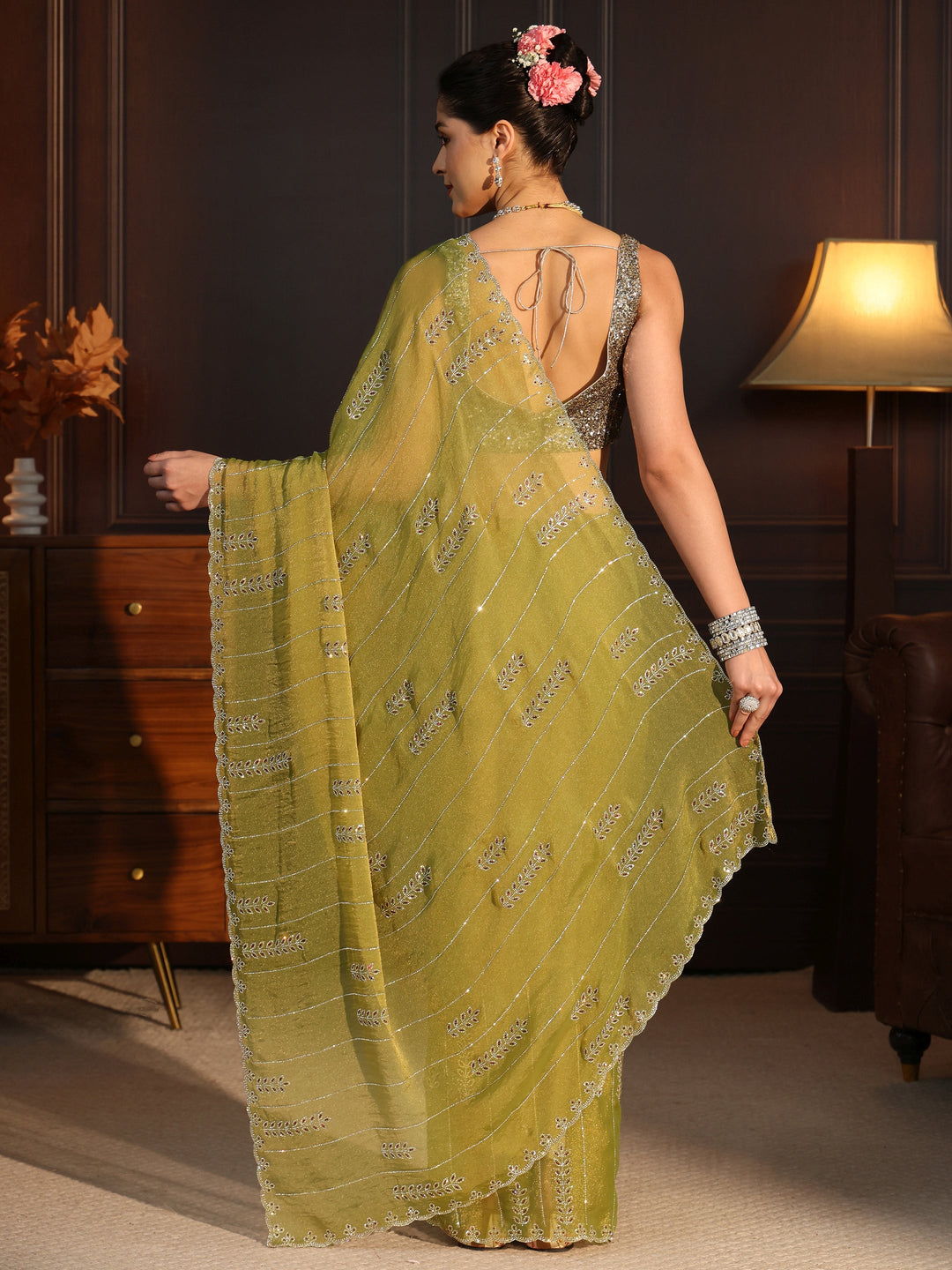  Libas Green Leafy Stone Work Embellished Tissue Saree 