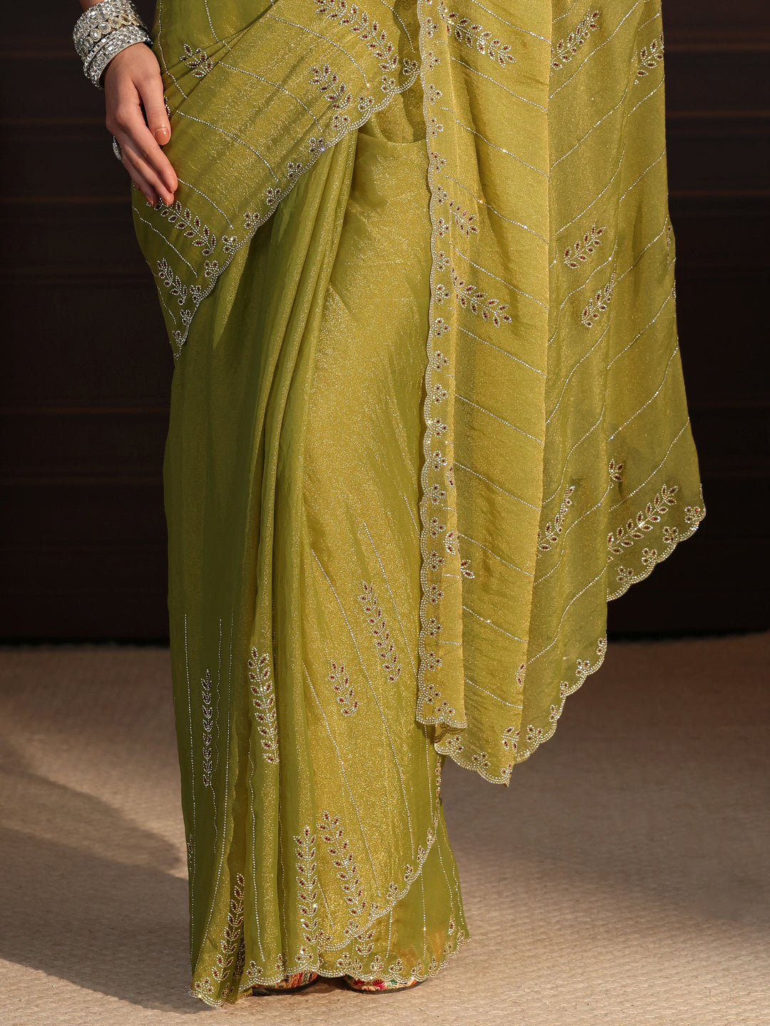  Libas Green Leafy Stone Work Embellished Tissue Saree 