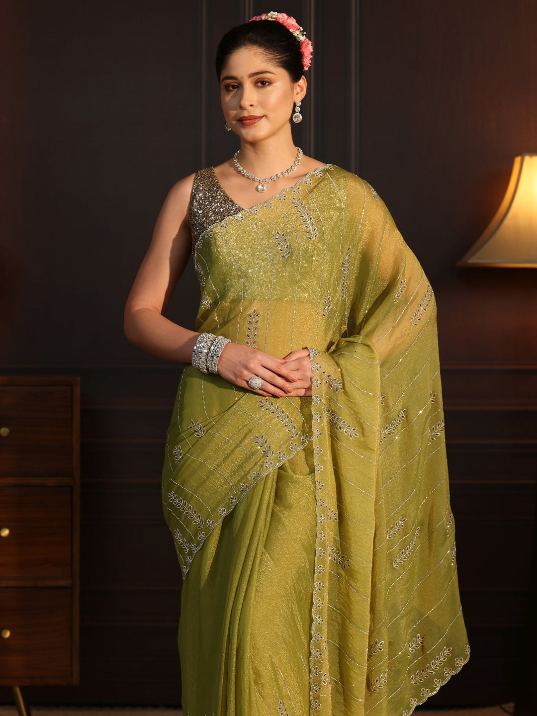  Libas Green Leafy Stone Work Embellished Tissue Saree 