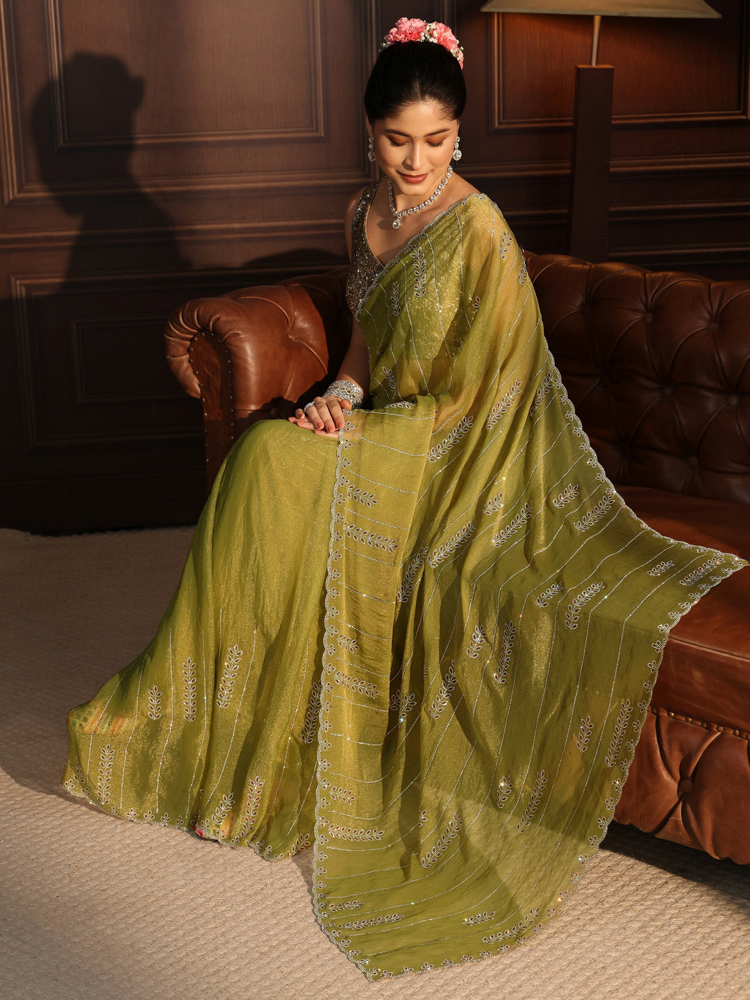  Libas Green Leafy Stone Work Embellished Tissue Saree 