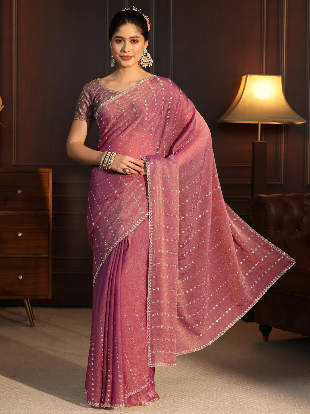  Libas Dusty Pink Stone Work Embellished Tissue Saree 