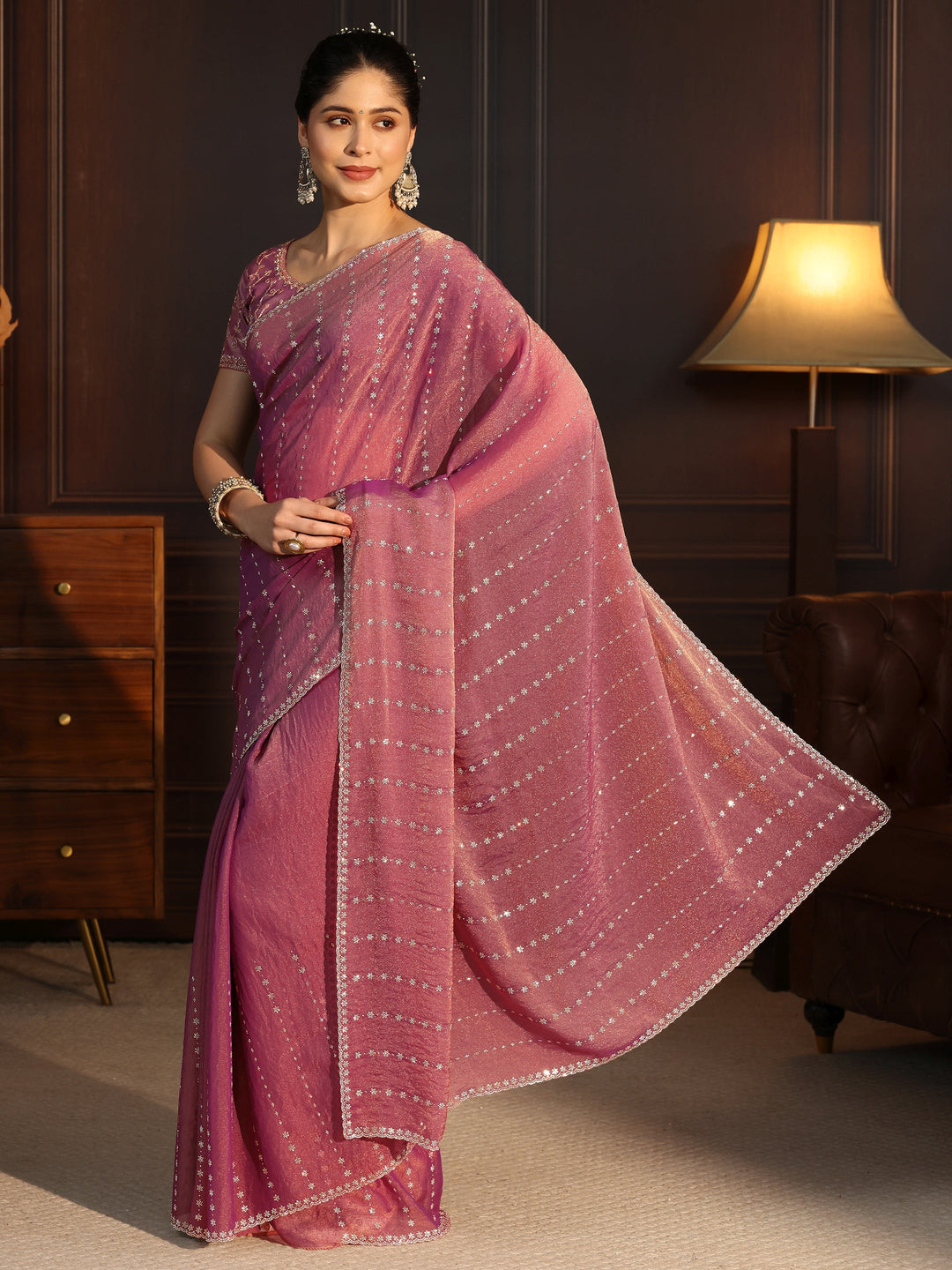  Libas Dusty Pink Stone Work Embellished Tissue Saree 
