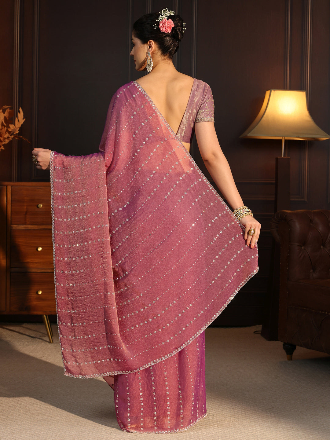  Libas Dusty Pink Stone Work Embellished Tissue Saree 