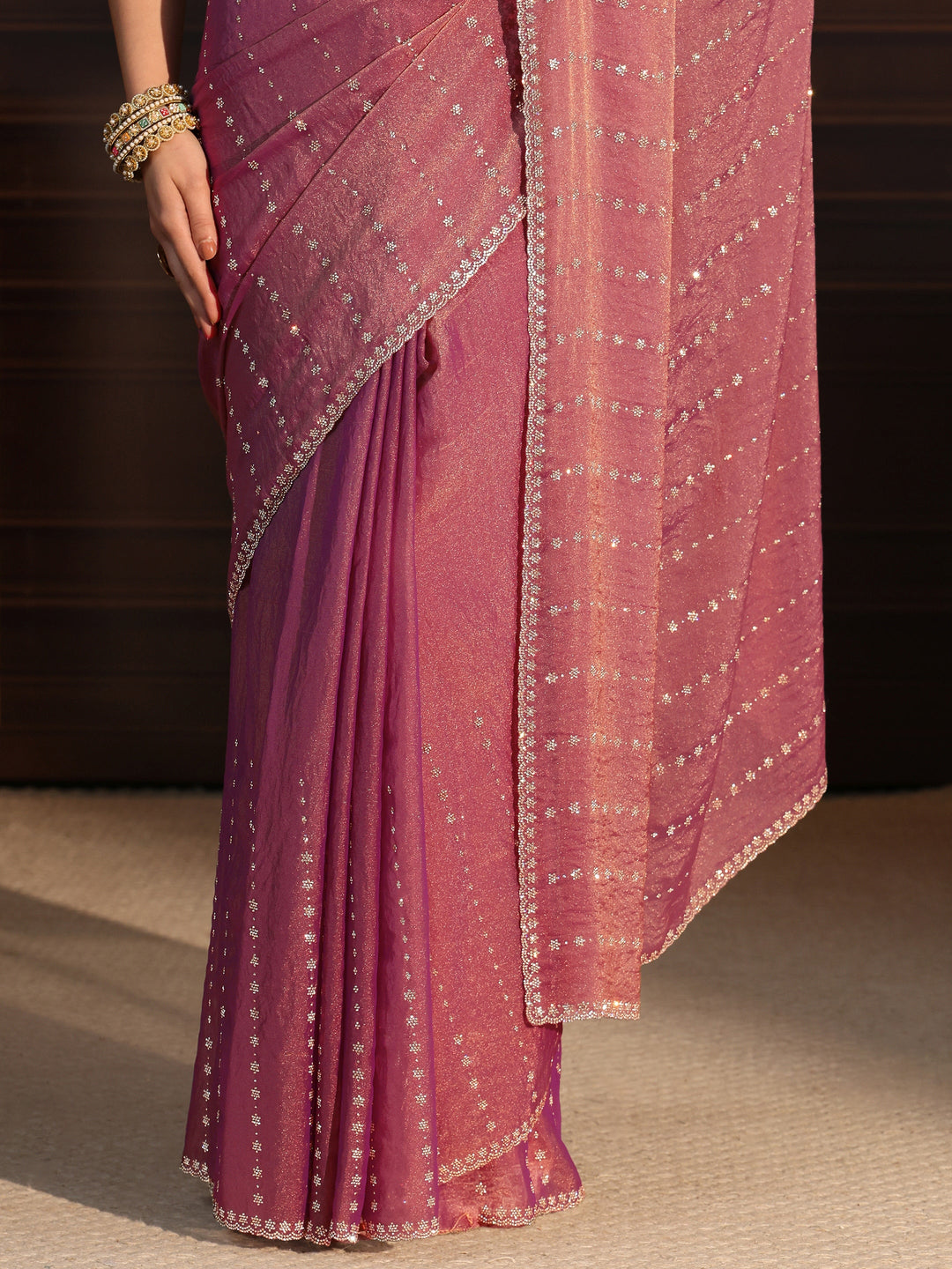  Libas Dusty Pink Stone Work Embellished Tissue Saree 
