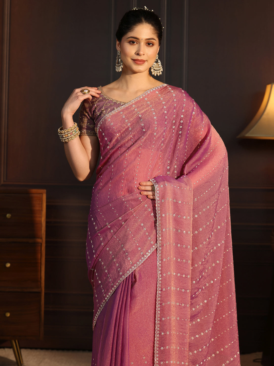  Libas Dusty Pink Stone Work Embellished Tissue Saree 