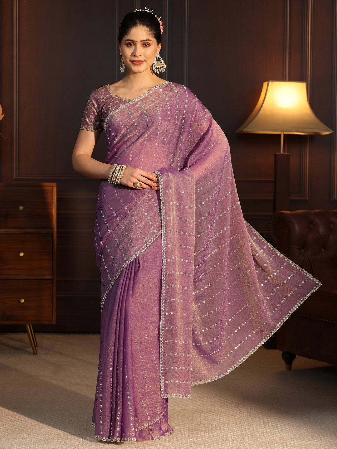  Libas Purple Stone Work Embellished Tissue Saree 