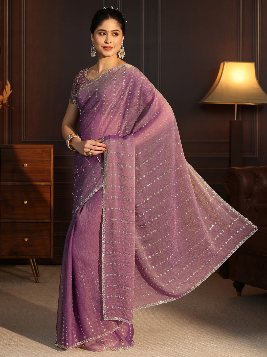  Libas Purple Stone Work Embellished Tissue Saree 
