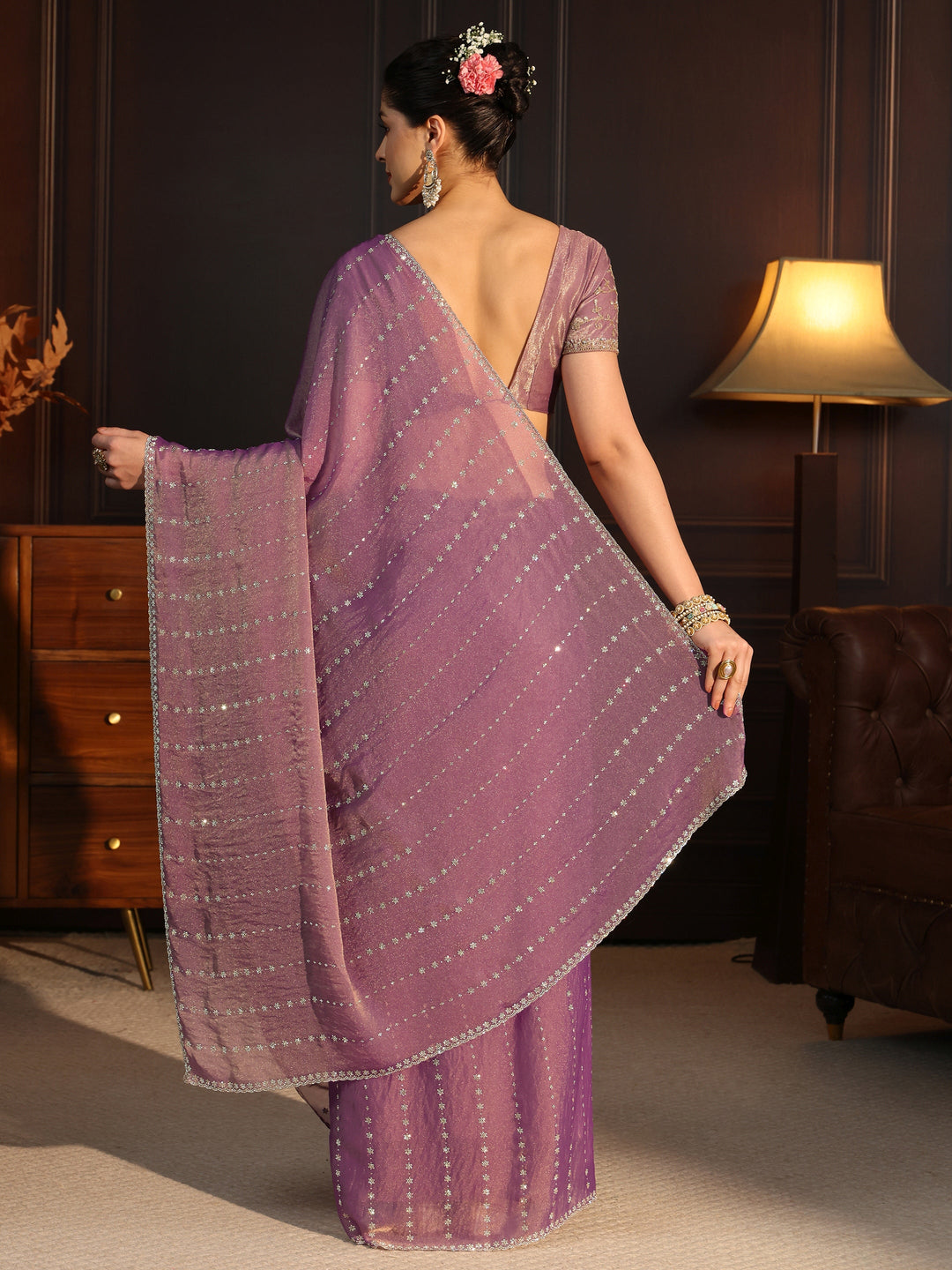  Libas Purple Stone Work Embellished Tissue Saree 