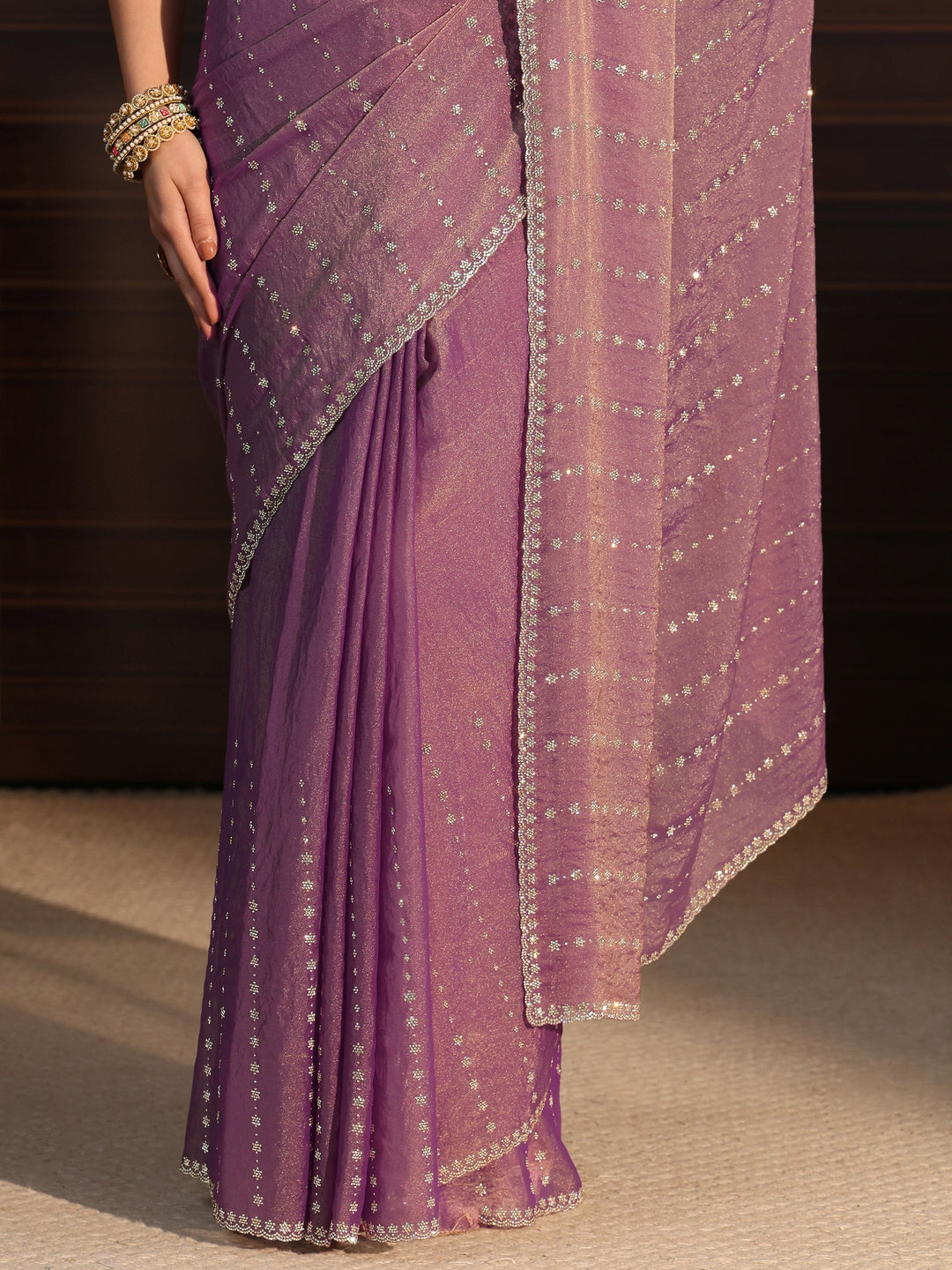  Libas Purple Stone Work Embellished Tissue Saree 