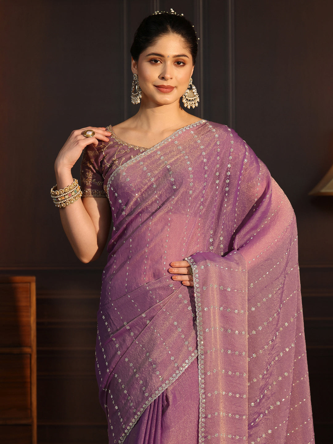  Libas Purple Stone Work Embellished Tissue Saree 