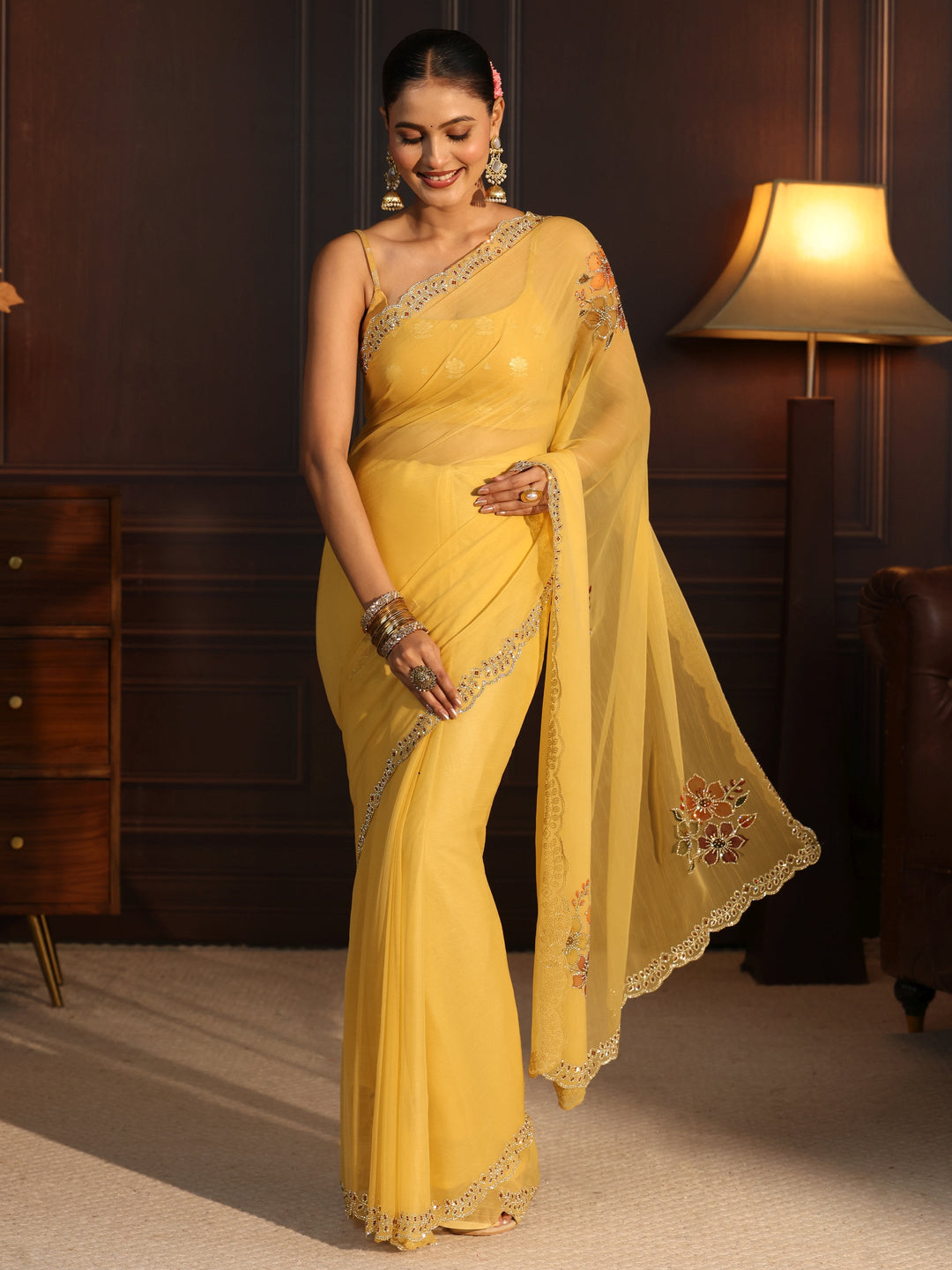  Libas Mustard Floral Embellished Chiffon Saree 