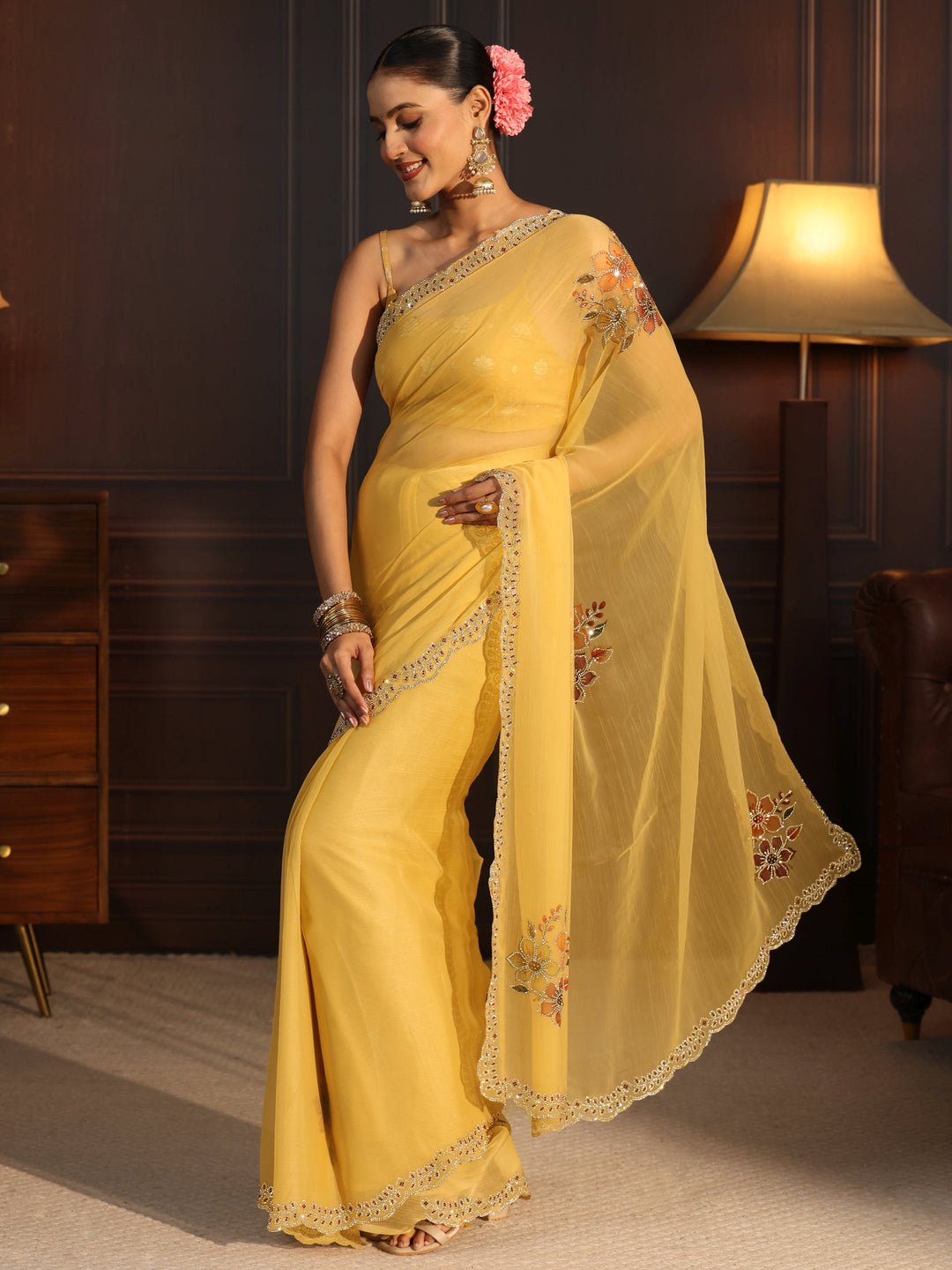  Libas Mustard Floral Embellished Chiffon Saree 