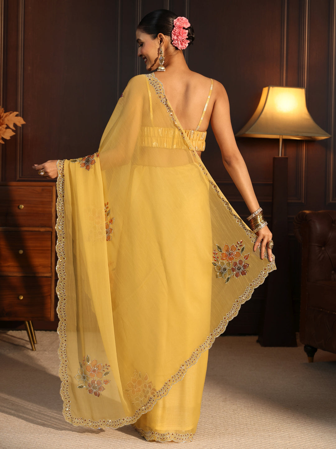  Libas Mustard Floral Embellished Chiffon Saree 