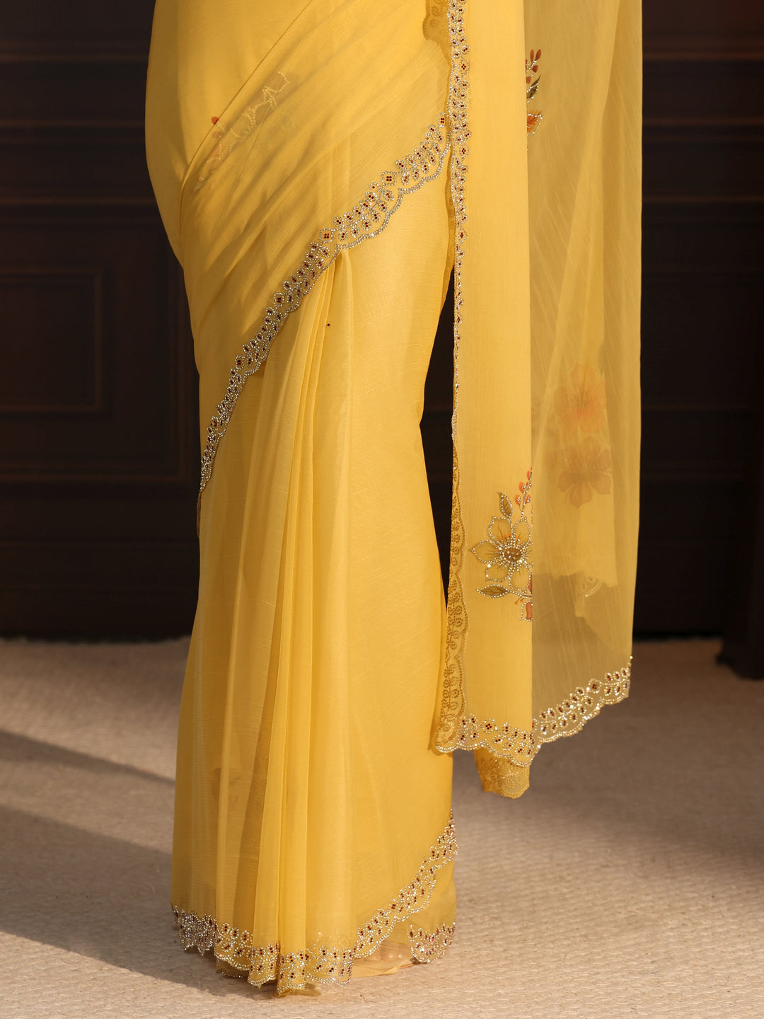  Libas Mustard Floral Embellished Chiffon Saree 