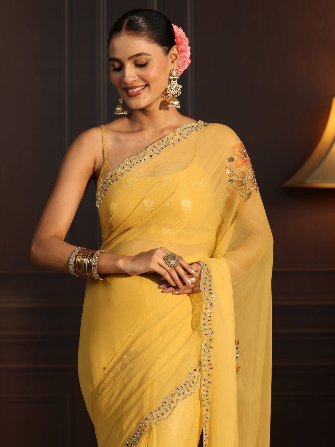  Libas Mustard Floral Embellished Chiffon Saree 