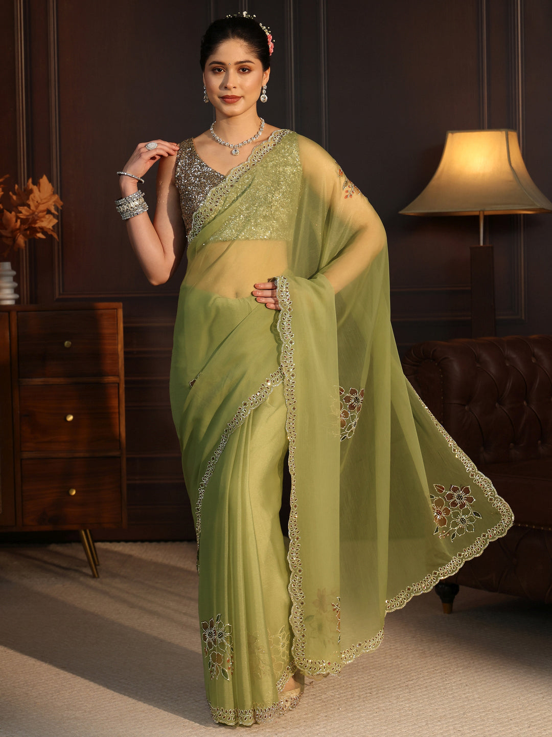  Libas Pista Green Floral Embellished Chiffon Saree 