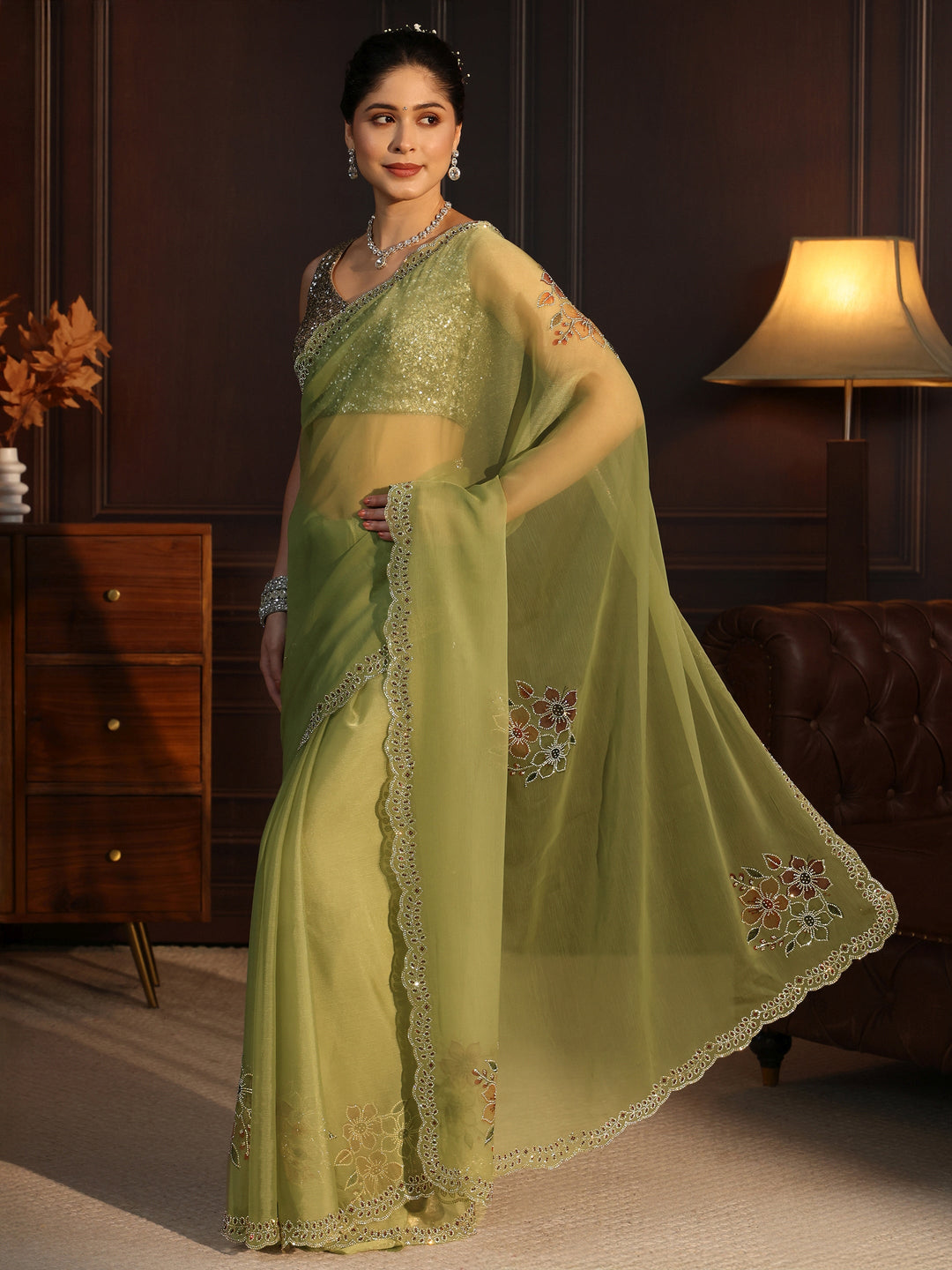  Libas Pista Green Floral Embellished Chiffon Saree 