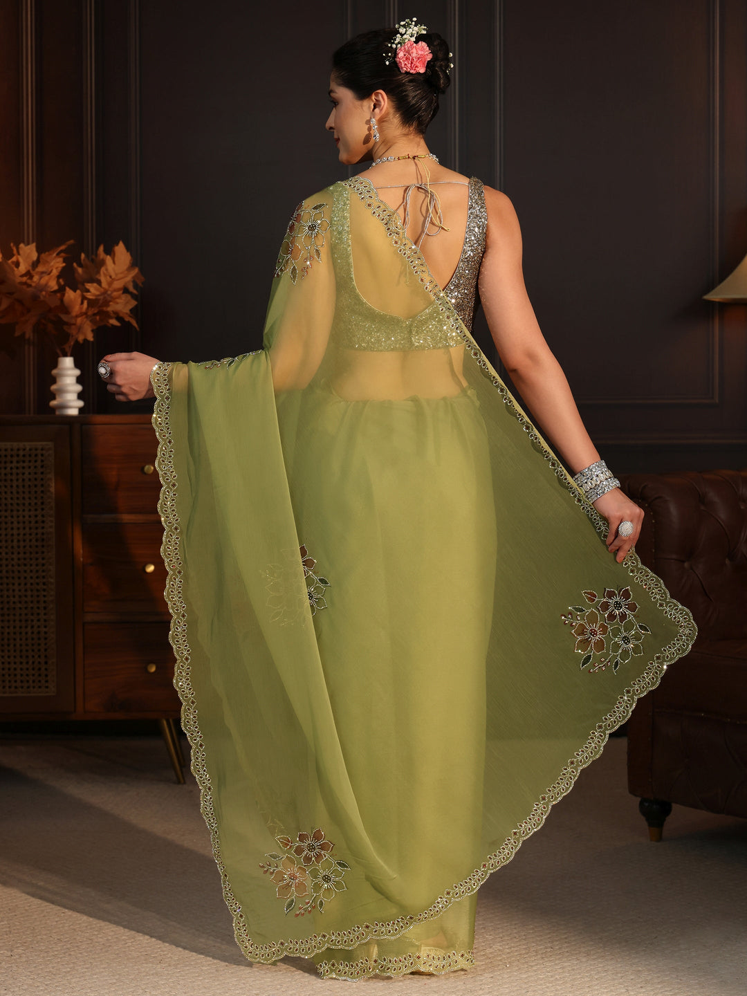  Libas Pista Green Floral Embellished Chiffon Saree 