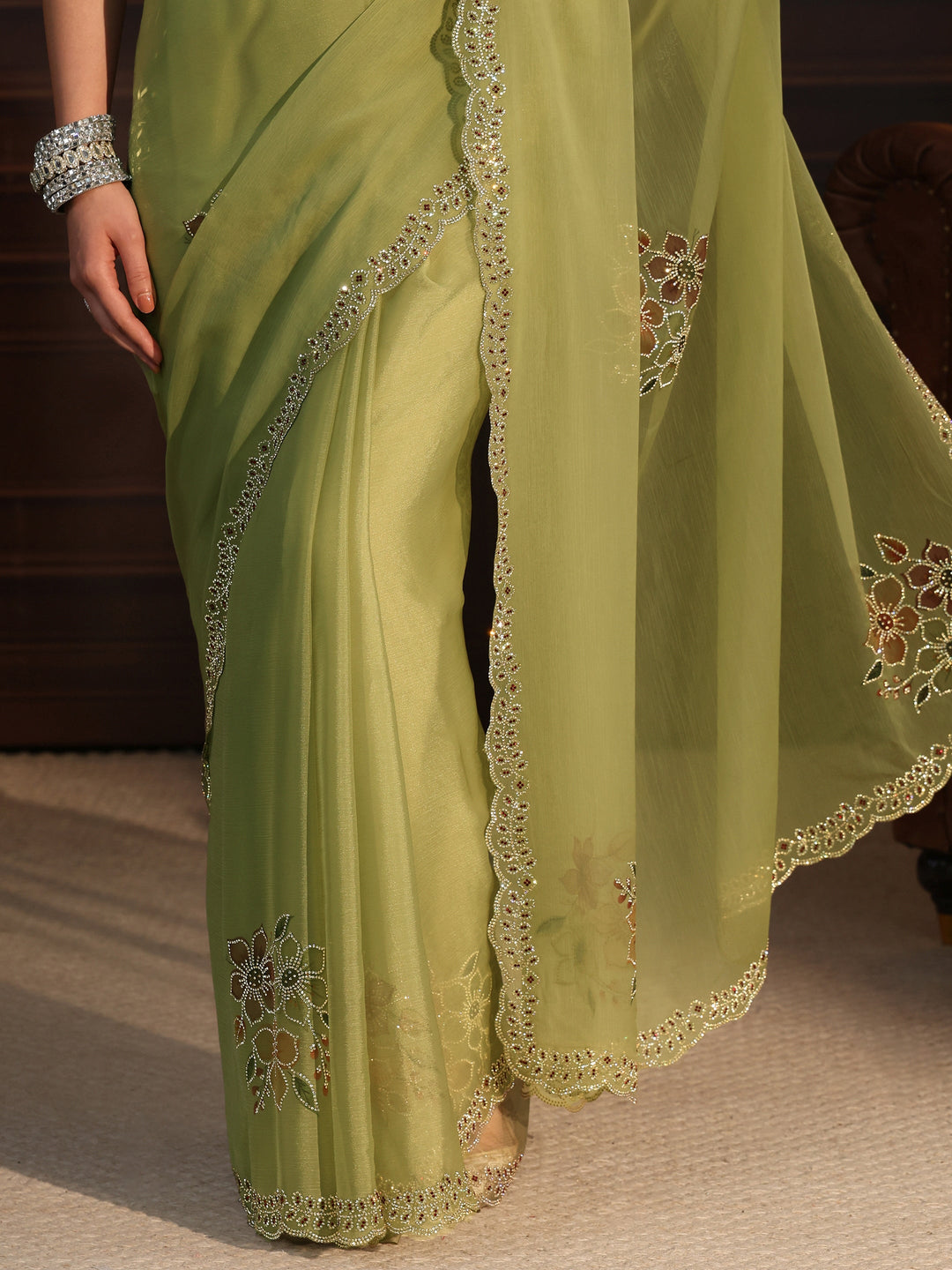  Libas Pista Green Floral Embellished Chiffon Saree 