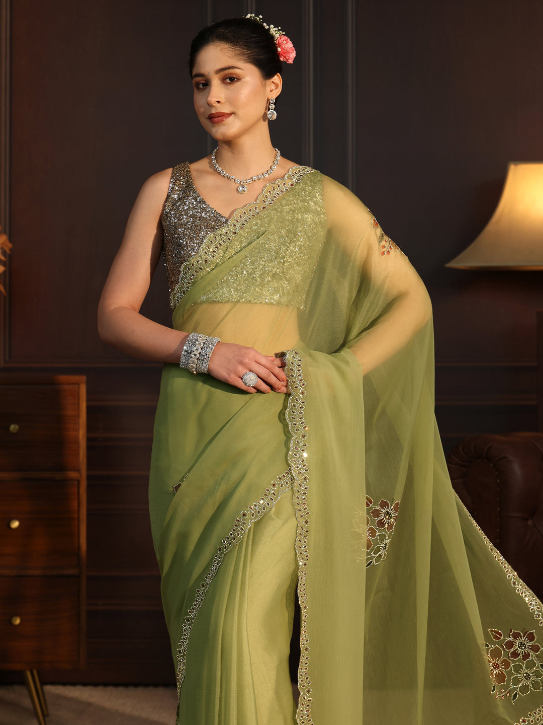  Libas Pista Green Floral Embellished Chiffon Saree 