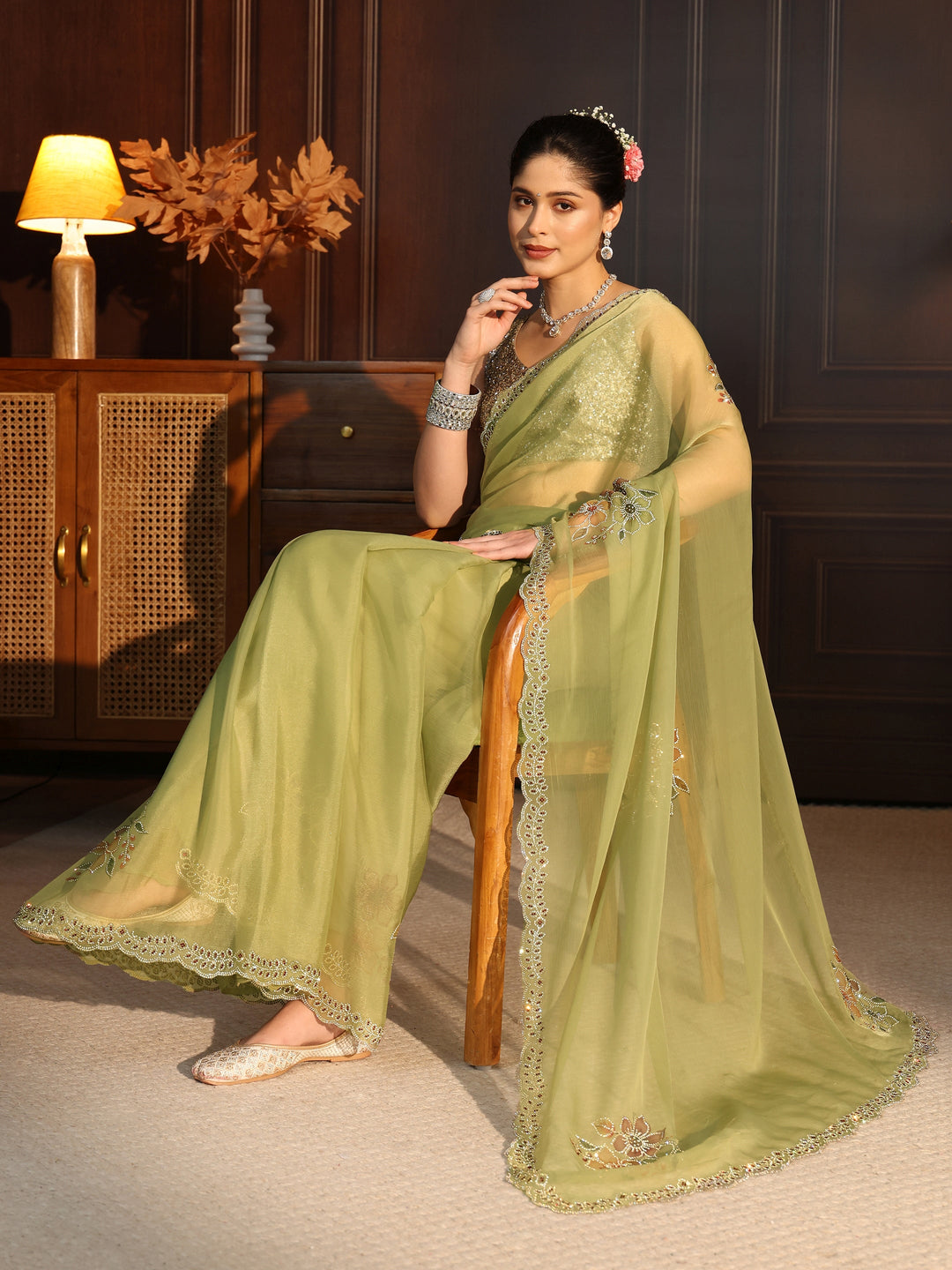  Libas Pista Green Floral Embellished Chiffon Saree 