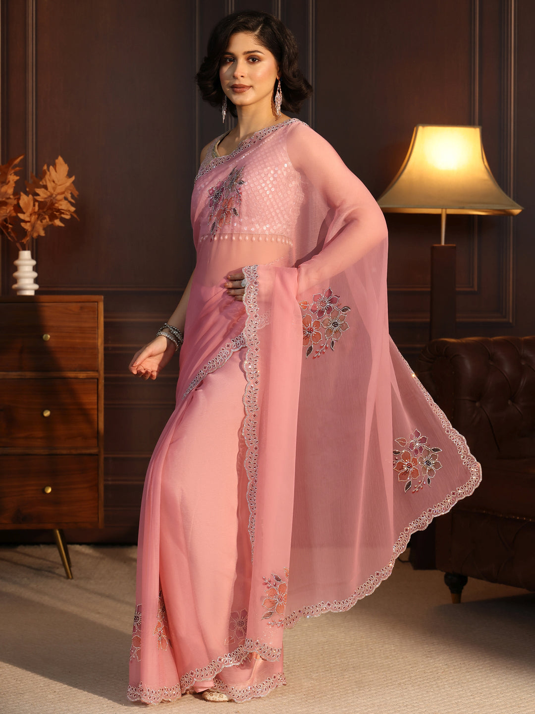 Libas Light Pink Floral Embellished Chiffon Saree 