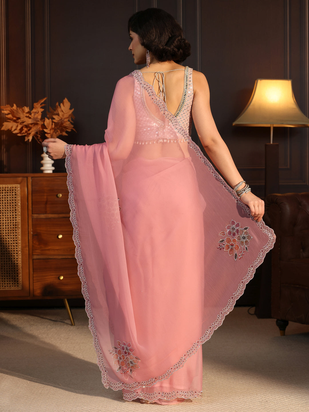  Libas Light Pink Floral Embellished Chiffon Saree 