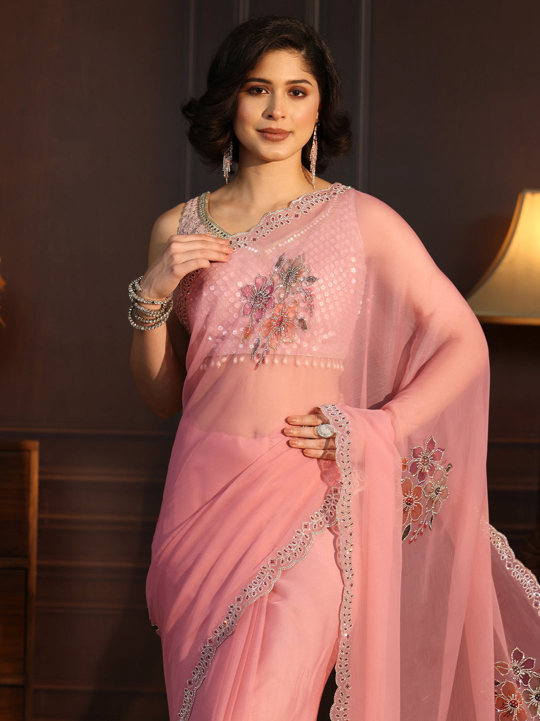  Libas Light Pink Floral Embellished Chiffon Saree 