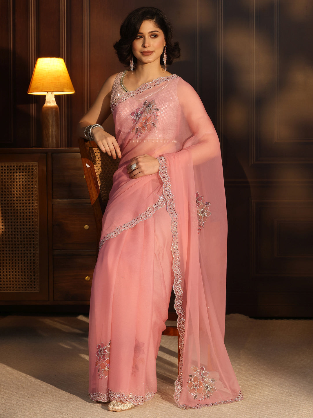  Libas Light Pink Floral Embellished Chiffon Saree 
